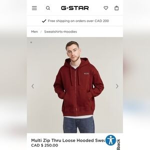 G-Star Raw Multi Zip Thru Loose Hooded Sweater, Red, XL, NWT